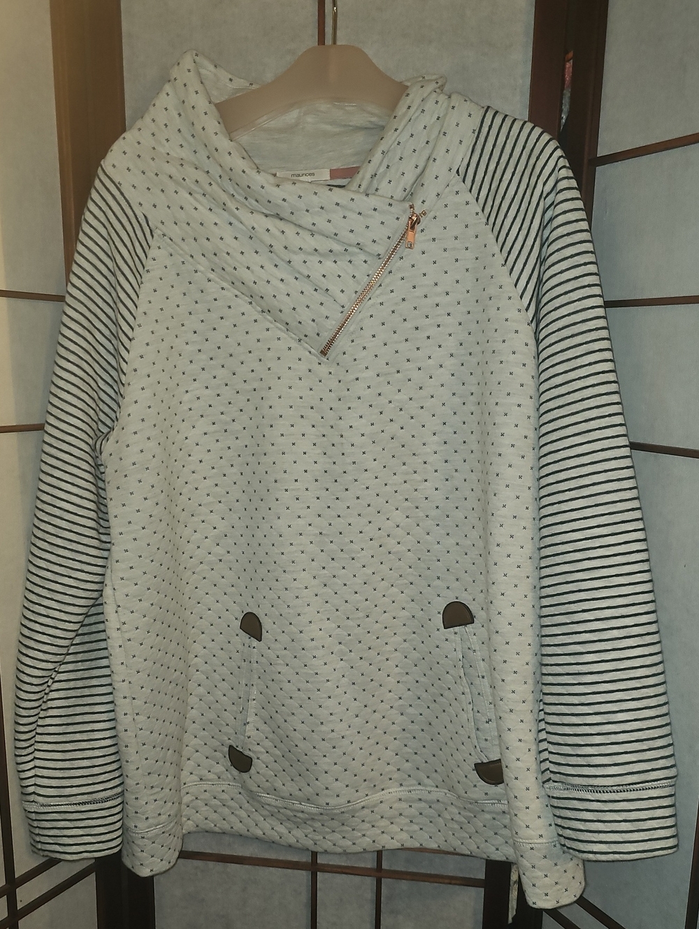 Maurices Quilted Pullover with Navy Striped Sleeves